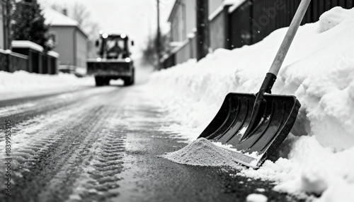 Snow removal with a snow shovel and a snowplow in winter. A snow-covered street in winter. 