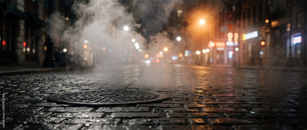 Fototapeta premium Steam rising from a manhole cover on a wet cobblestone street at night. Atmospheric urban city scene with blurred lights. Moody and mysterious low angle perspective