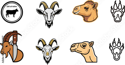 Collection of stylized goat and camel head icons with a bear paw print design