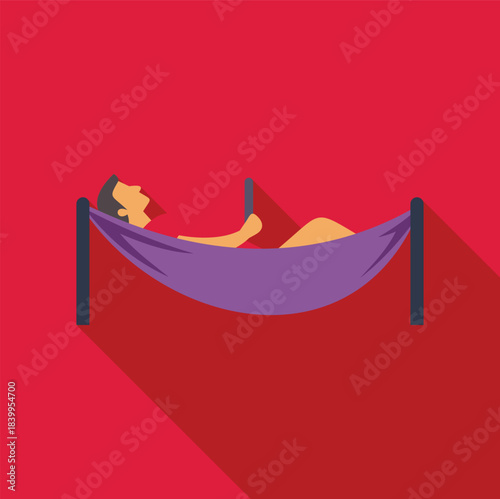 Man resting in a purple hammock while reading a book, enjoying leisure time