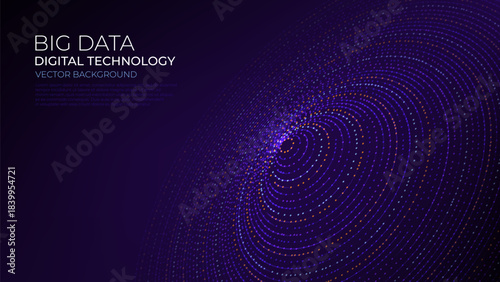 Abstract Big Data visualization background. Futuristic circular sound waves or lines made by cluster of circle particles. Big Data or Cyberspace visualization. Vector Illustration.