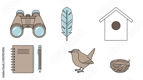 Vector art of a birdwatching icon vector set in nature with binoculars and notebook.