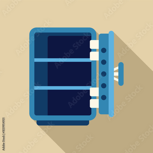 Open empty safe deposit box with shelves, combination lock bolts, and handle, isolated on beige background