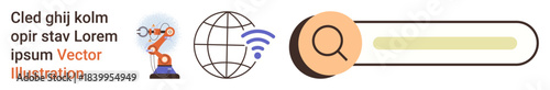 Innovation, automation, global connectivity, online research, technology tools, internet access. Robotic arm, globe symbol wireless icon search bar composition. Innovation and automation concept