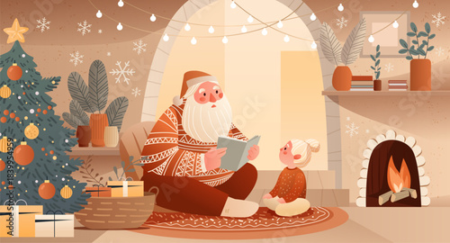 Santa Christmas cozy home story time holiday scene warm fireplace decorated tree gifts child listening festive interior lights modern flat design