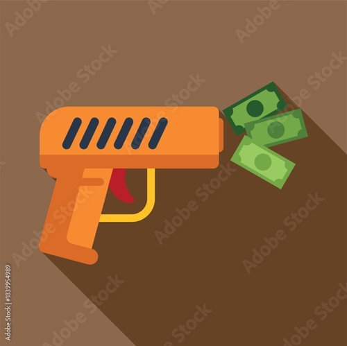 Icon of a toy gun ejecting green paper money, representing wealth and rapid spending