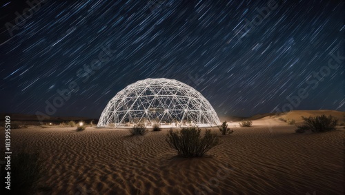 Futuristic geodesic dome glowing in the desert under star trails.