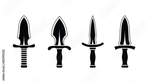 Four black silhouettes of daggers with distinct blade and handle designs