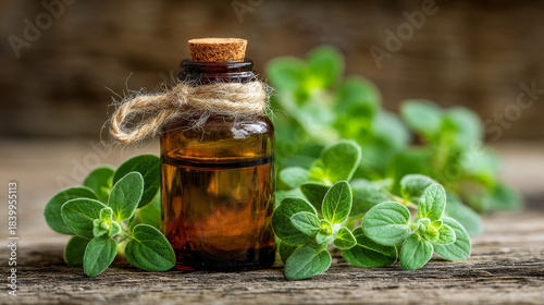 “An essential oil bottle paired with fresh oregano leaves, arranged in a clean and natural stock photo composition.”