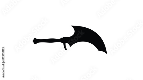 Stylized silhouette of a curved blade weapon against a white background
