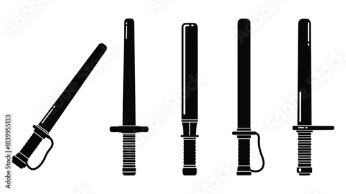 A collection of black batons in various positions and designs shown isolated