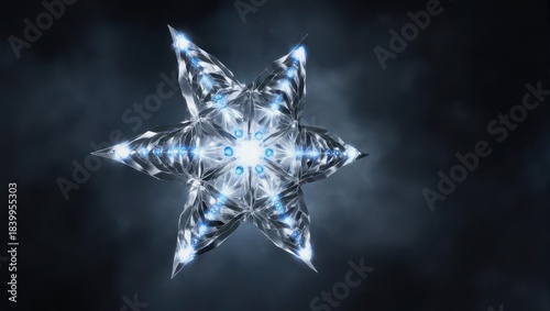 Futuristic Glowing Star-Shaped Object with Intricate Details and Blue Light Emission.