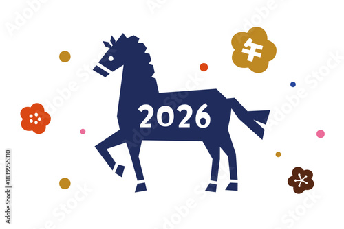 新年の馬と花の年賀状素材