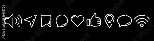 Minimalist line icons set for social media and mobile interface, speaker, send, bookmark, chat, heart, like, location, comment, for UI design, mobile apps, websites, digital presentations. Vector