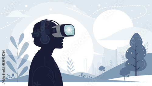 Immersive VR Headset Silhouette with User Wearing it, Flat Vector Icon Representing Virtual Reality and Metaverse Technology