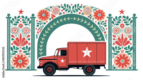 Ornate Traditional Truck Art Arch Silhouette with Floral Details, Decorative South Asian Cultural Motif in Flat Vector Style