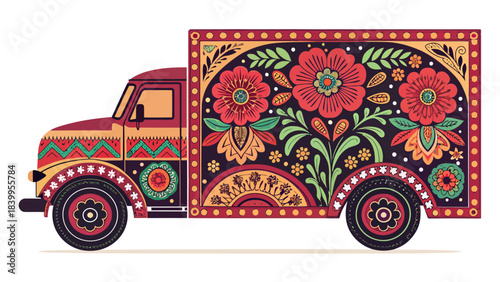 Intricate South Asian Truck Art Floral Motif Silhouette, Traditional Pakistani or Indian Design Element in Flat Vector Style