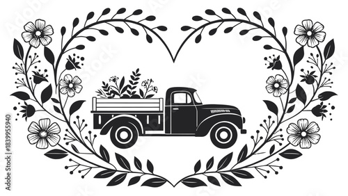Romantic Truck Art Inspired Heart Silhouette with Floral Details in Decorative Vector Style, Symbolizing Love and Culture
