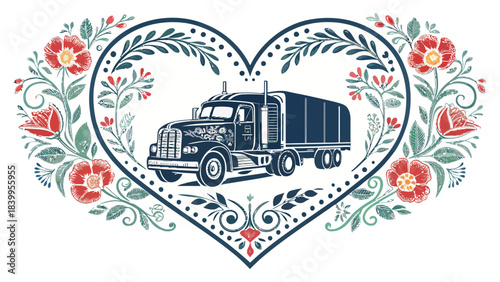 Beautiful Truck Art Inspired Heart Silhouette Adorned with Elegant Floral Motifs, a Cultural Love Vector Illustration