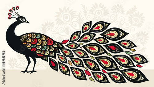 Majestic Peacock Silhouette with Vibrant Truck Art Inspired Tail Feathers in Decorative Vector Style, Reflecting Cultural Beauty