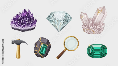Vector art icon set showcasing precious gems and mining tools in a nature inspired vector set.