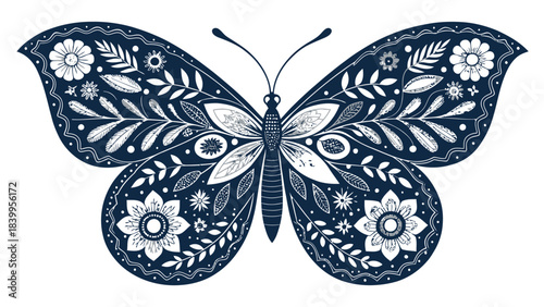 Decorative Butterfly Silhouette with Intricate Truck Art Inspired Details in a Stylized Vector Illustration