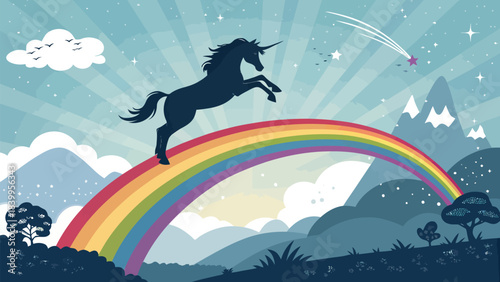 Whimsical Flying Unicorn Silhouette Jumping Over a Rainbow Bridge, a Magical Flat Vector Design for Kids, Fantasy Stories, and Dreamy Illustrations