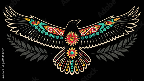 Graceful Flying Bird Silhouette with Decorative Truck Art Wings, a Vibrant Cultural Vector Illustration Symbolizing Freedom and Asian Folk Art