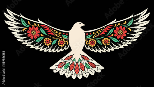 Graceful Flying Bird Silhouette with Decorative Truck Art Wings, a Vibrant Cultural Vector Illustration Symbolizing Freedom and Asian Folk Art