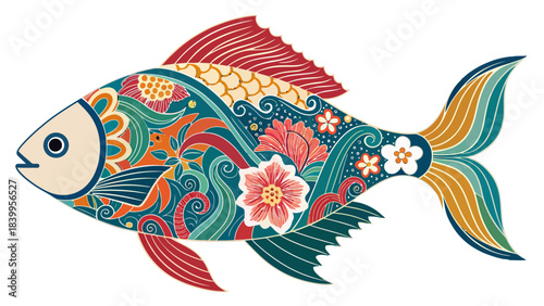 Decorative Fish Silhouette Adorned with Vibrant Truck Art Floral Patterns, a Cultural Vector Illustration Representing Pakistani Folk Art and Nature