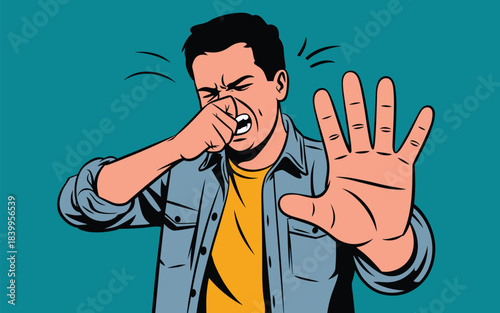 A man coughing and signaling to stop in front of a plain background