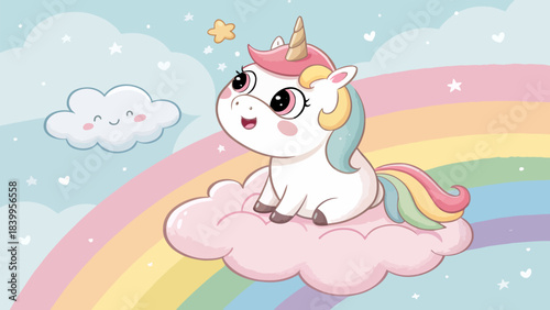 Cute Chubby Unicorn Silhouette Sitting on a Rainbow, a Whimsical Flat Vector Illustration for Children's Books, Fantasy Themes, and Magical Designs