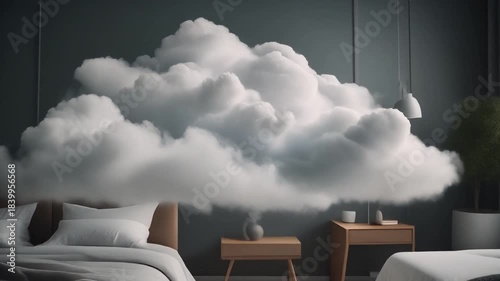 A soft, ethereal cloud gracefully manifests within a tranquil modern bedroom, momentarily transforming the space into a dreamlike haven of serene imagination