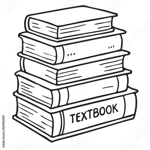 a simple black and white illustration depicting a neatly stacked pile of several books including a textbook