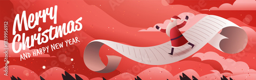 Santa Christmas New Year 2026 holiday celebration festive scene with Santa walking on a long wishlist over red sky clouds banner template