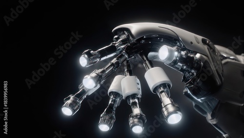 Futuristic Robotic Hand with Glowing Finger Tips on a Dark Background.