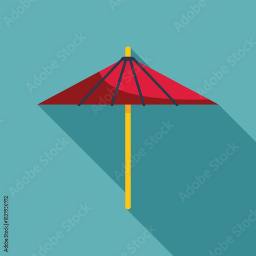 Traditional red japanese umbrella casting a long shadow on a teal background, representing japanese culture and craftsmanship