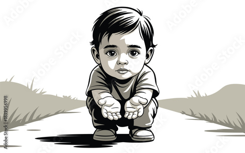 A young child crouching down on a path with fists clenched in a determined stance, surrounded by grassy hills