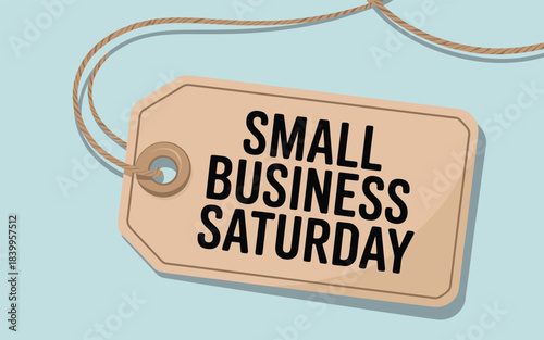 A graphic illustration of a price tag with 'Small Business Saturday' text on a light blue background