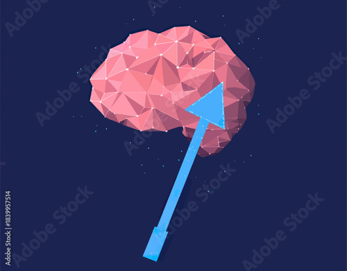 Low poly pink brain with upward blue arrow symbolizing growth progress intelligence increase conceptual vector illustration on dark background