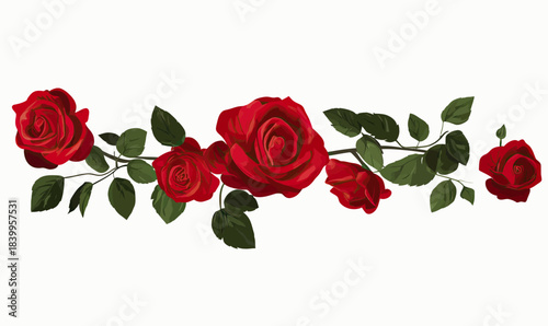 Red rose branch with blooming flowers and green leaves isolated on white background flat minimalist vector illustration for decoration or design elements