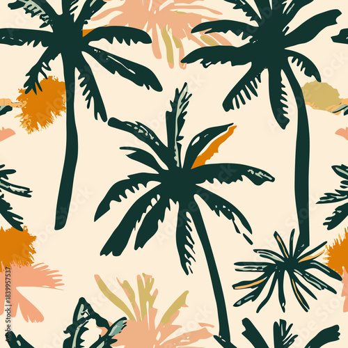 Seamless tropical palm tree pattern in vintage 1970s style with abstract flat minimalist leaves and muted earthy tones background for fabric design