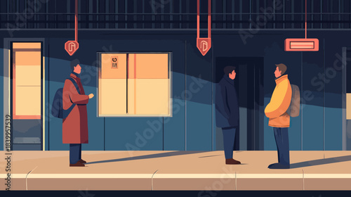 Minimalist vector illustration of people waiting on subway platform at night with warm lighting and modern urban design in flat style full body silhouettes