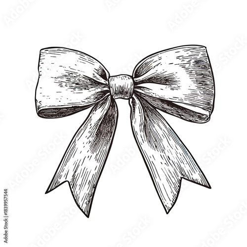 Hand drawn vintage ribbon bow tie sketch with detailed shading for fashion, wedding decoration, gift wrapping, minimalist vector illustration design