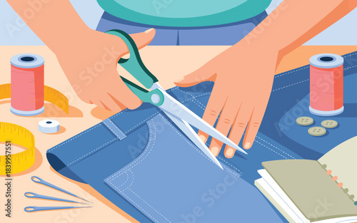 Person cutting fabric with scissors on a table with sewing supplies around