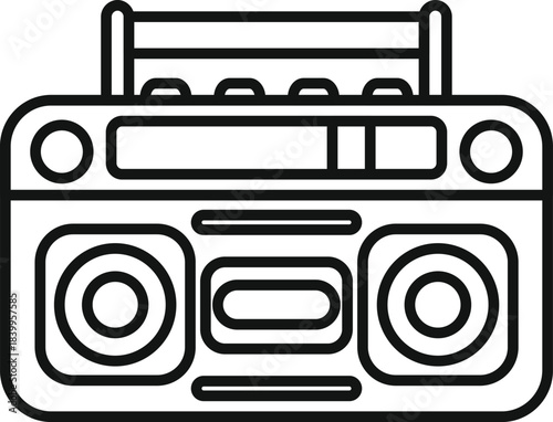 Line drawing of a retro boombox playing music, featuring a cassette tape player and large speakers