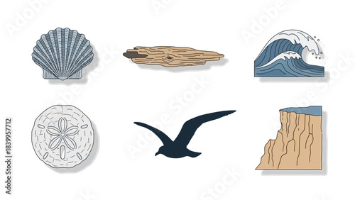 Vector art set of nature icons featuring a beach scene with a seagull in flight.