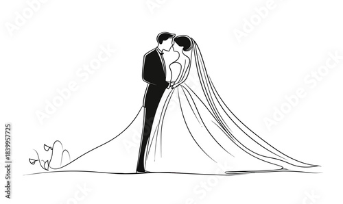 Elegant minimalist one line art drawing of wedding bride and groom embracing with flowing veil and dress outline vector illustration on white background