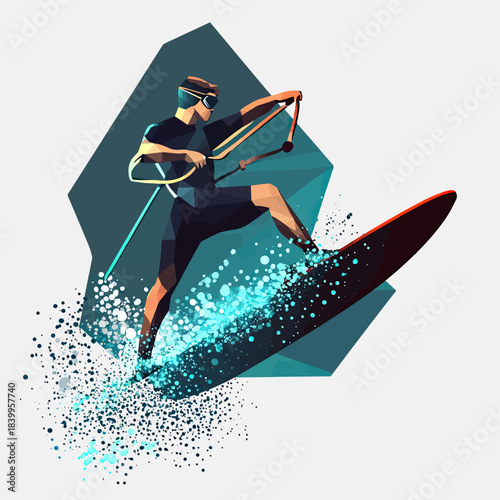 Polygonal wakeboarder jumping with rope handle and splashing water in dynamic flat minimalist vector style illustration