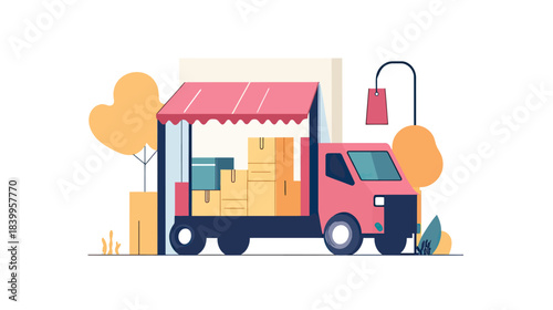 Flat style red delivery truck loaded with cardboard boxes for shipping logistics and transportation concept with trees background